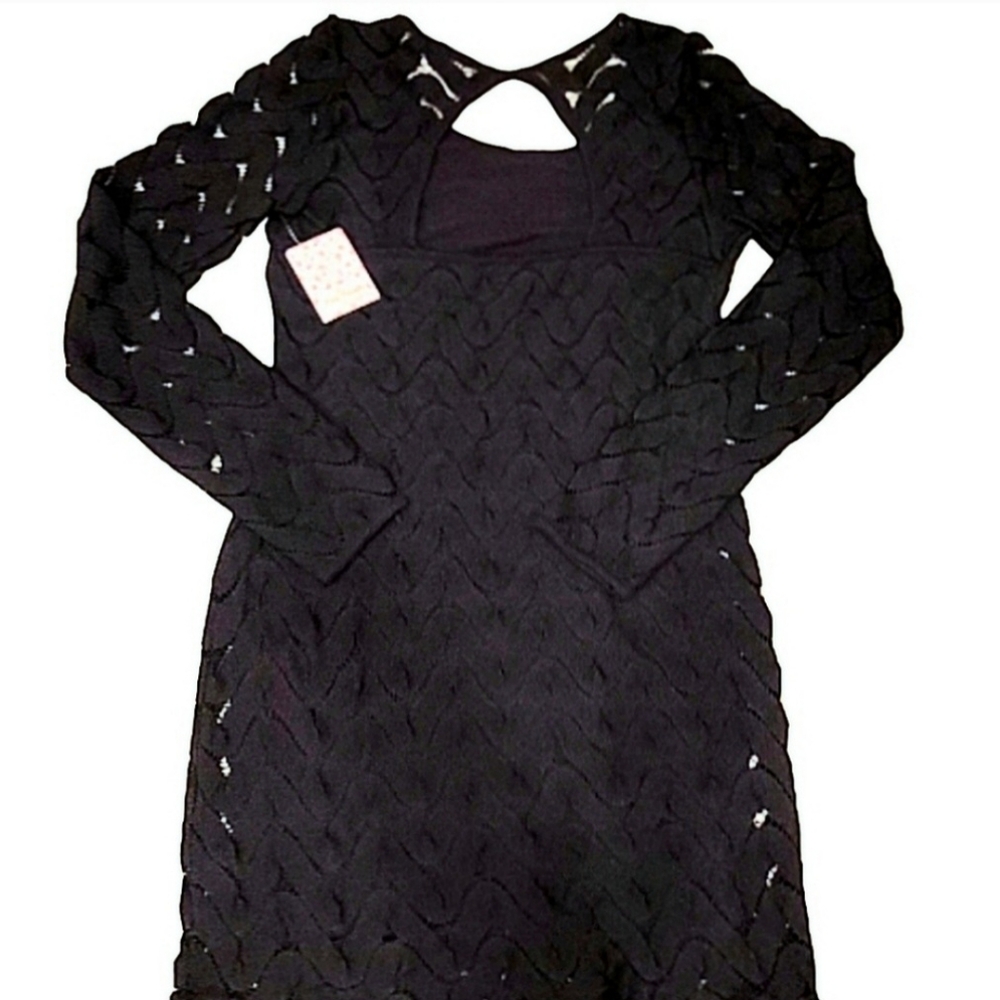 Free People Wild Thing Crochet Knit Black Mini Dress sz S Open Back Long Sleeve - Picture 7 of 15